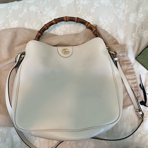 Gucci Handbags - Gucci Cream Leather Shoulder Bag with Bamboo Handle and Gold Logo